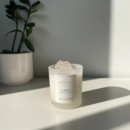 CLARITY Saffron and Cedarwood Candle + Clear Quartz