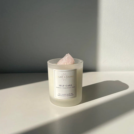 SELF-CARE Jasmine, Cedarwood and Sage Candle + Rose Quartz